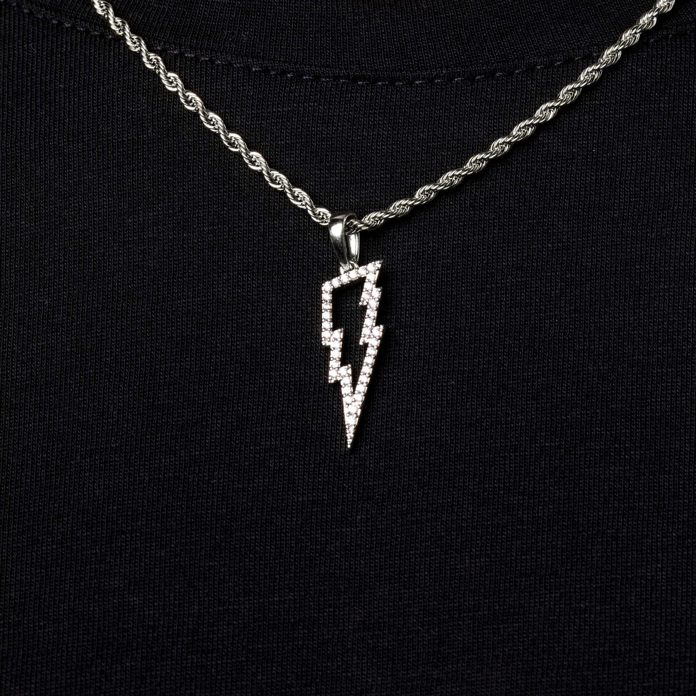 Micro Iced Lightning Bolt Pendant in White Gold